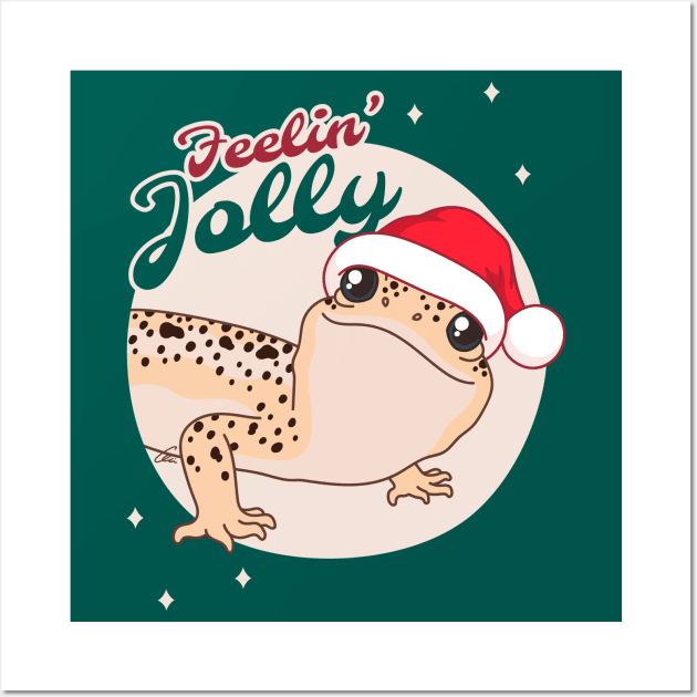Mack Snow Leopard Gecko, Christmas Edition! Feelin Jolly! Green BG Wall Art by anacecilia